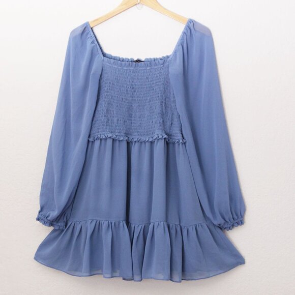 1.STATE Women's L Long Sleeves Smocked Ruffle Skirt Mini Dress Chiffon Blue $99 - Picture 5 of 15